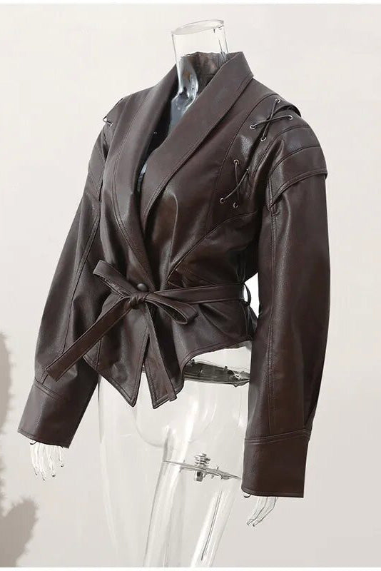 Street-Style High-Gloss Lace-up Leather Jacket