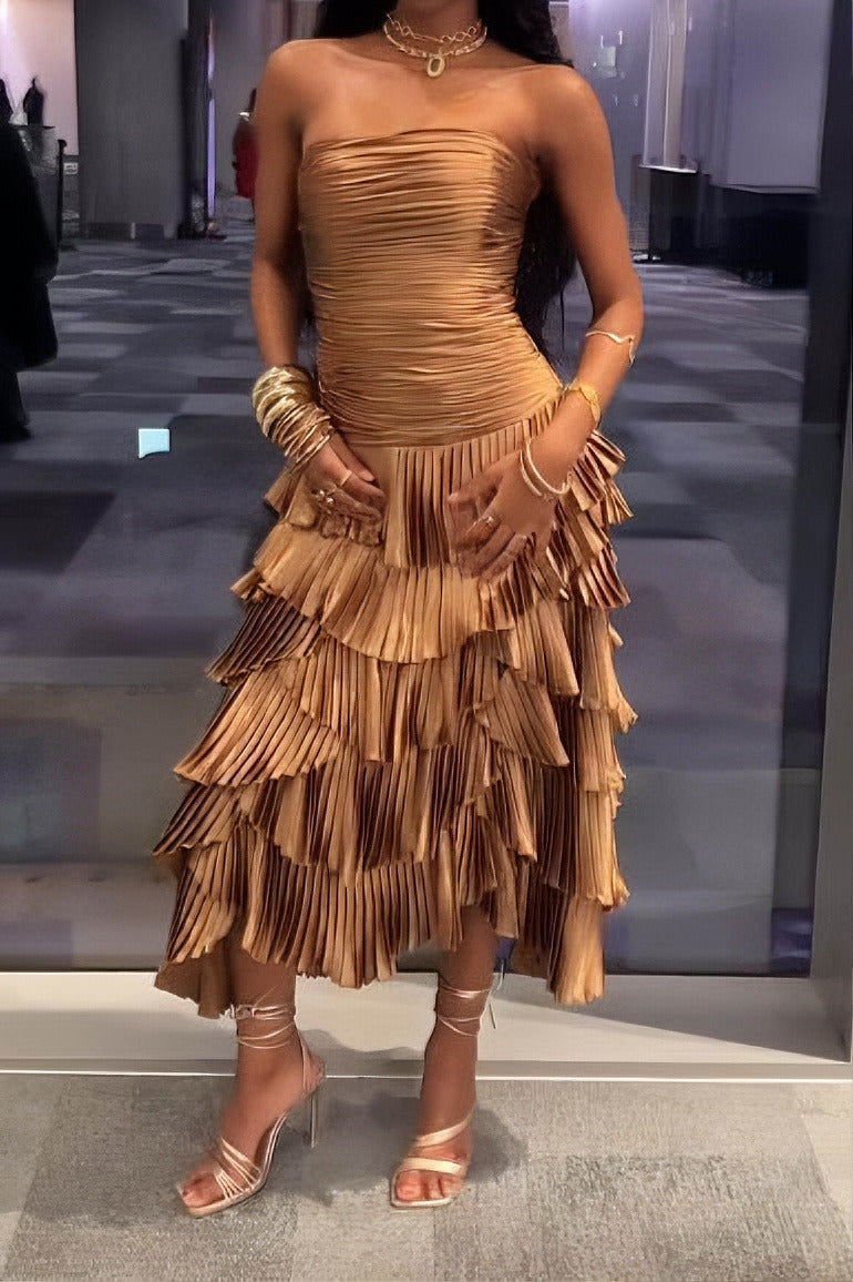 Bronze Metallic Tiered Strapless Midi Dress