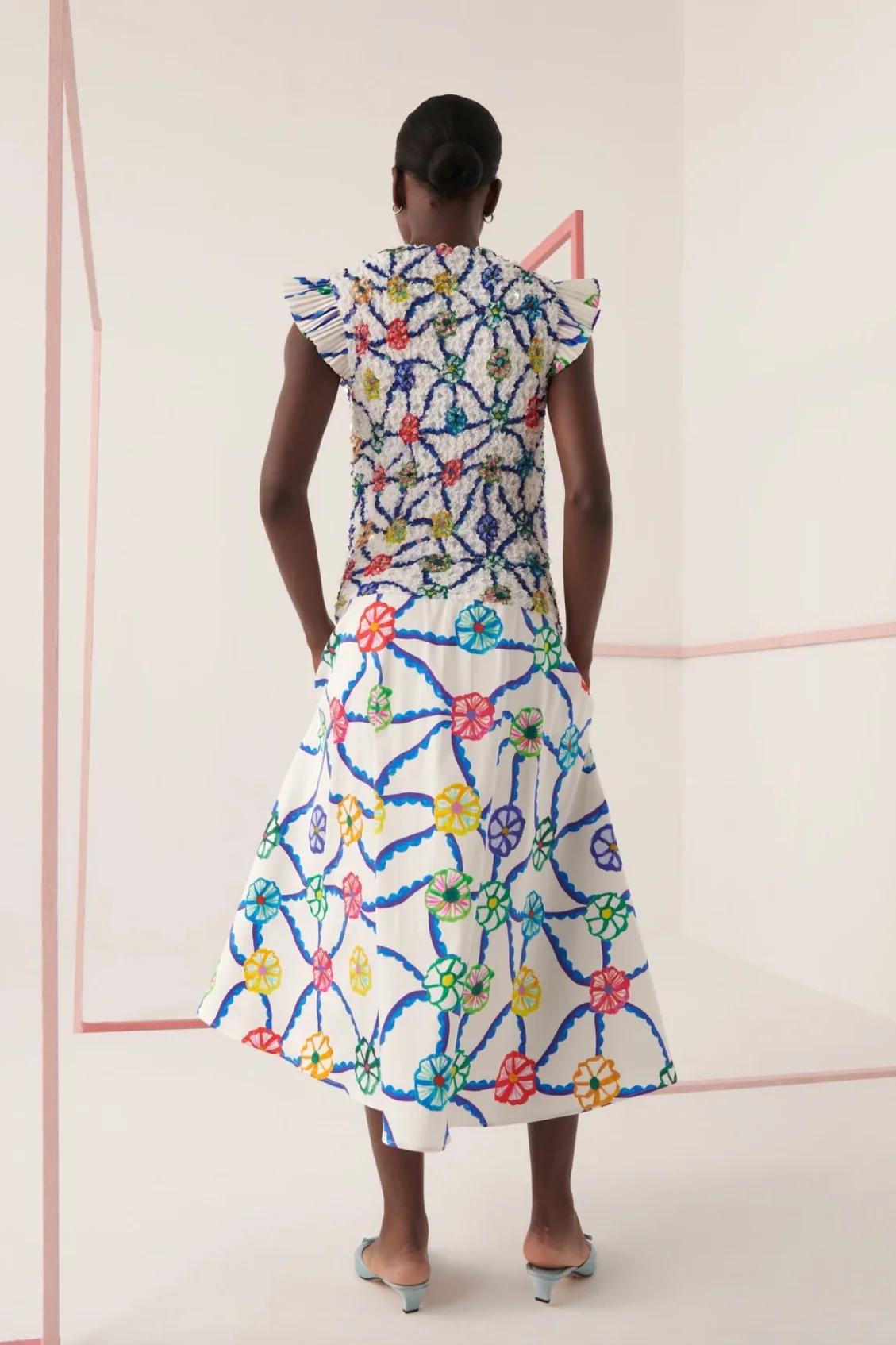 Printed Ruffle Trim Midi Dress