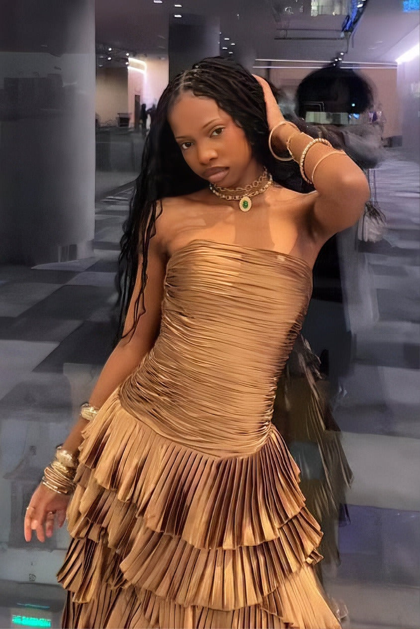 Bronze Metallic Tiered Strapless Midi Dress
