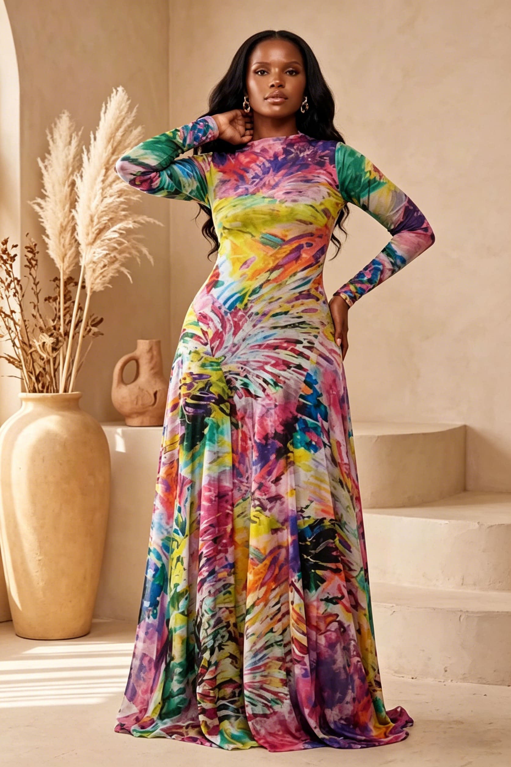 Multicolor Watercolor Form-Fitting Maxi Dress