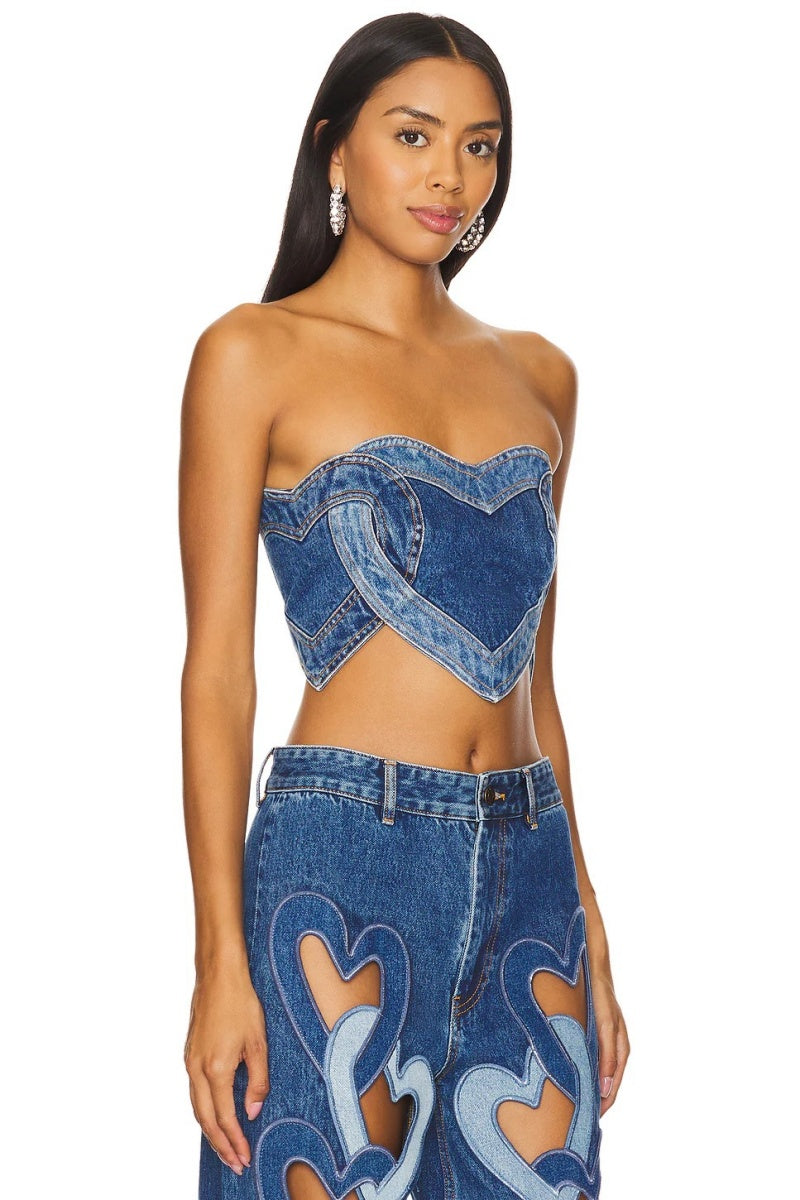 Blue Loving Heart Stitching Sexy Denim Top