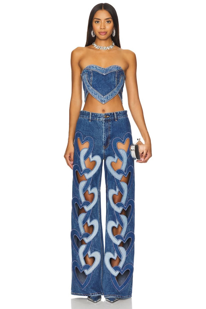 Blue Loving Heart Stitching Sexy Denim Top