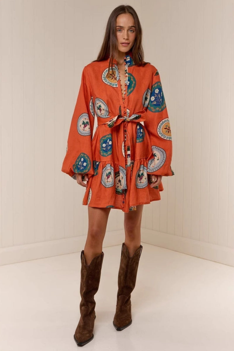 Patchworkklänning med ståkrage