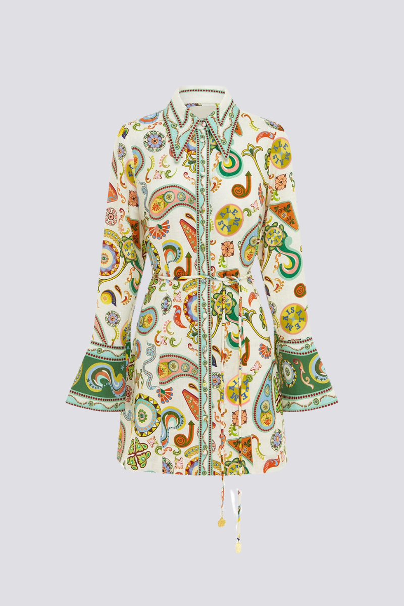 فستان Aimeé قصير بأكمام طويلة وبنقشة بيزلي