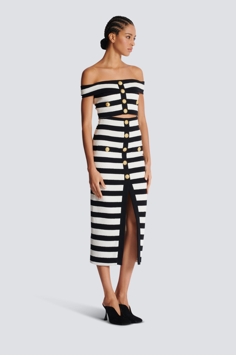 Alizey Off Shoulder Slit Randig Knäppning Kjol Set