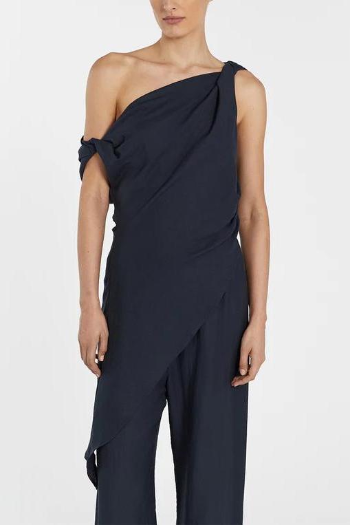 Set pantaloni din amestec de in și top cu detalii răsucite asimetrice