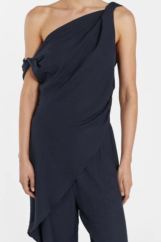 Set pantaloni din amestec de in și top cu detalii răsucite asimetrice