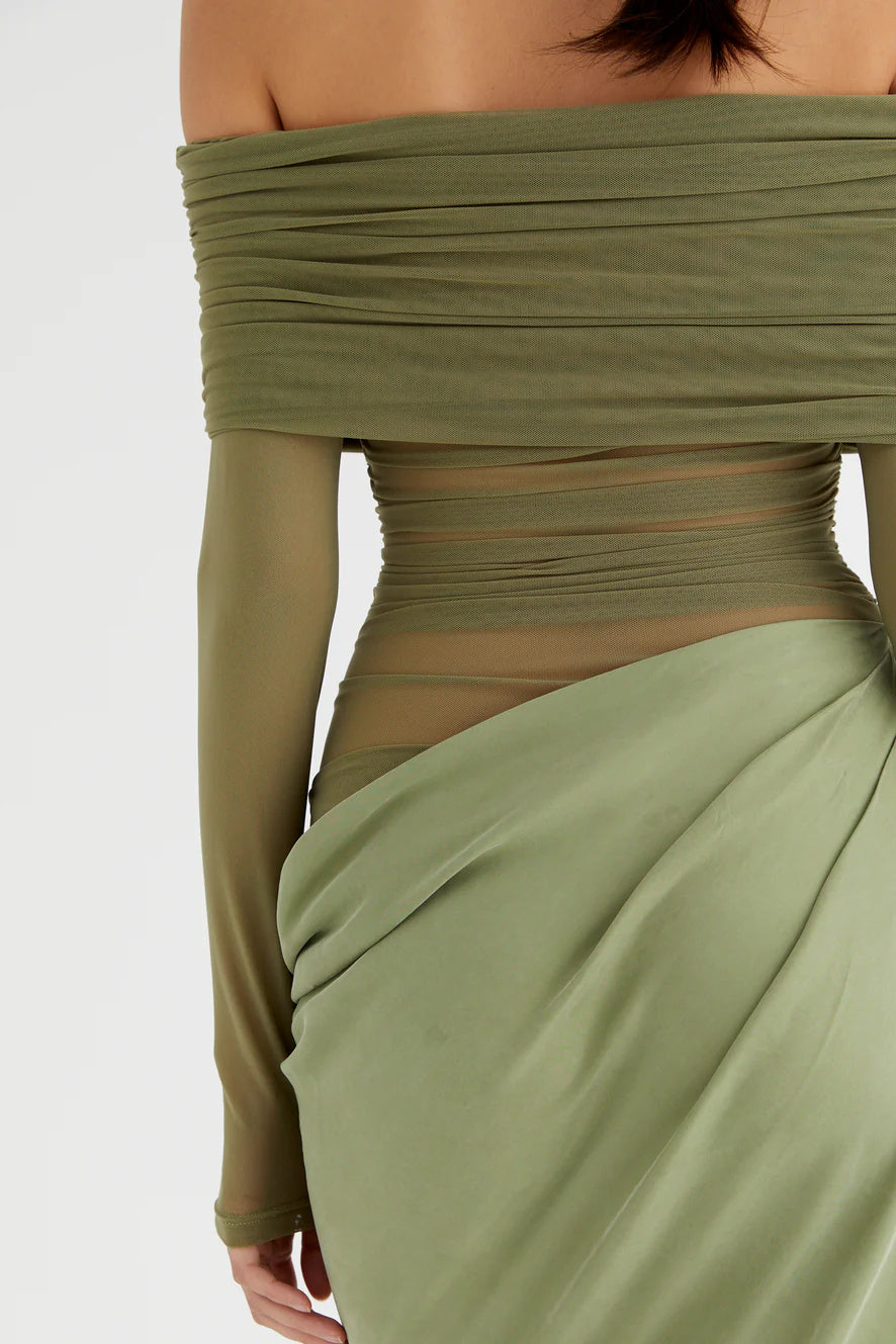 Rochie maxi din plasă transparentă Lillian, cu umeri