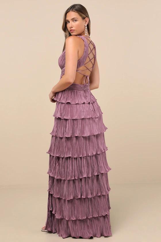 Satin Tiered Pleated Gown