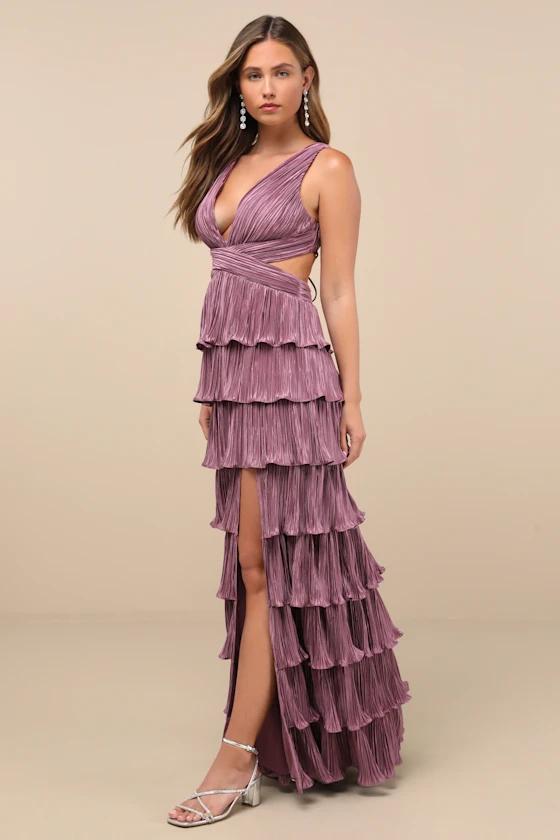 Satin Tiered Pleated Gown