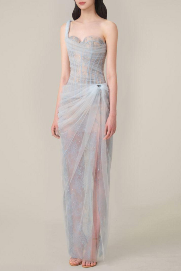 Abito Maxi One Shoulder Bertille In Blu