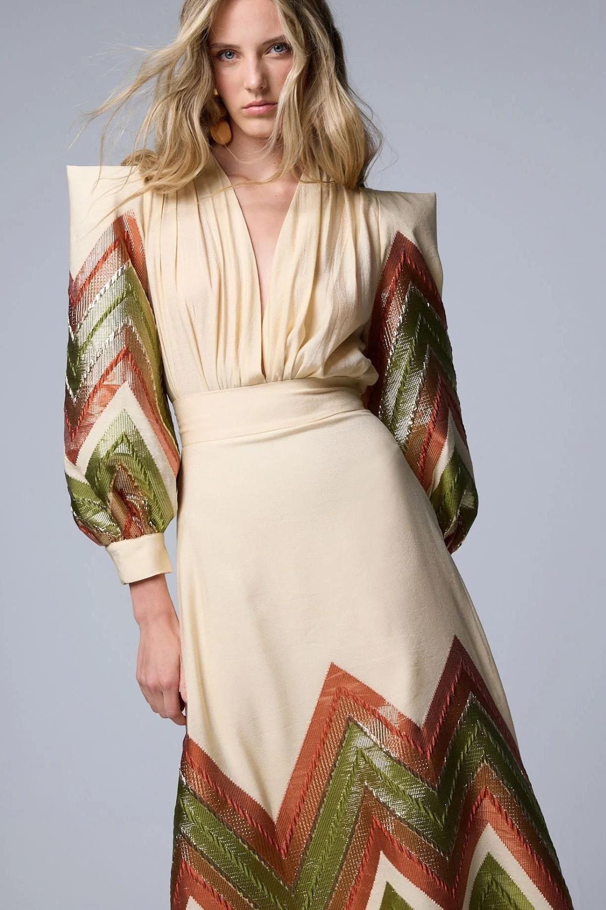 Puff Sleeves Bodysuit & Geometric Patterned Midi Skirt Set