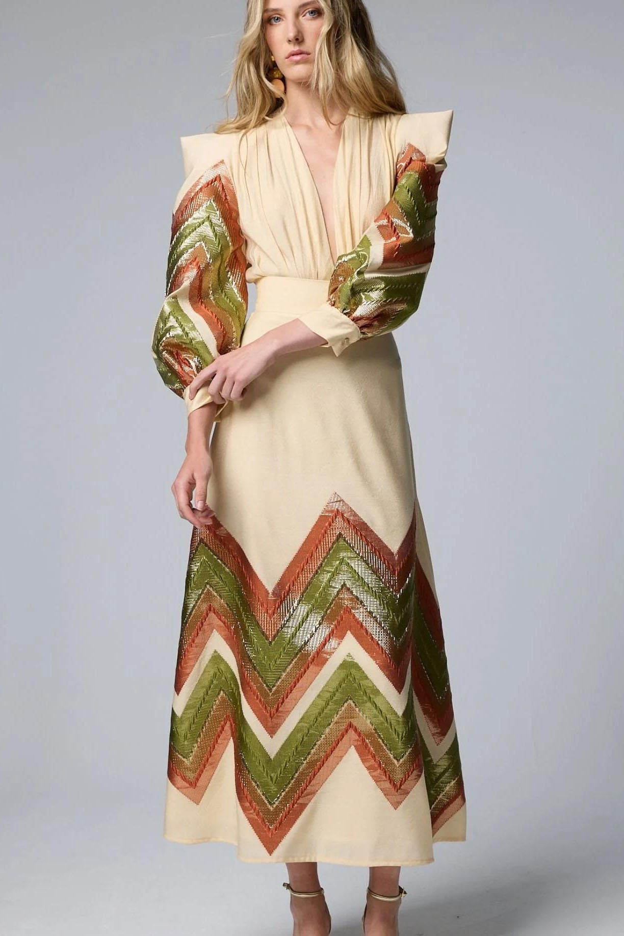 Puff Sleeves Bodysuit & Geometric Patterned Midi Skirt Set