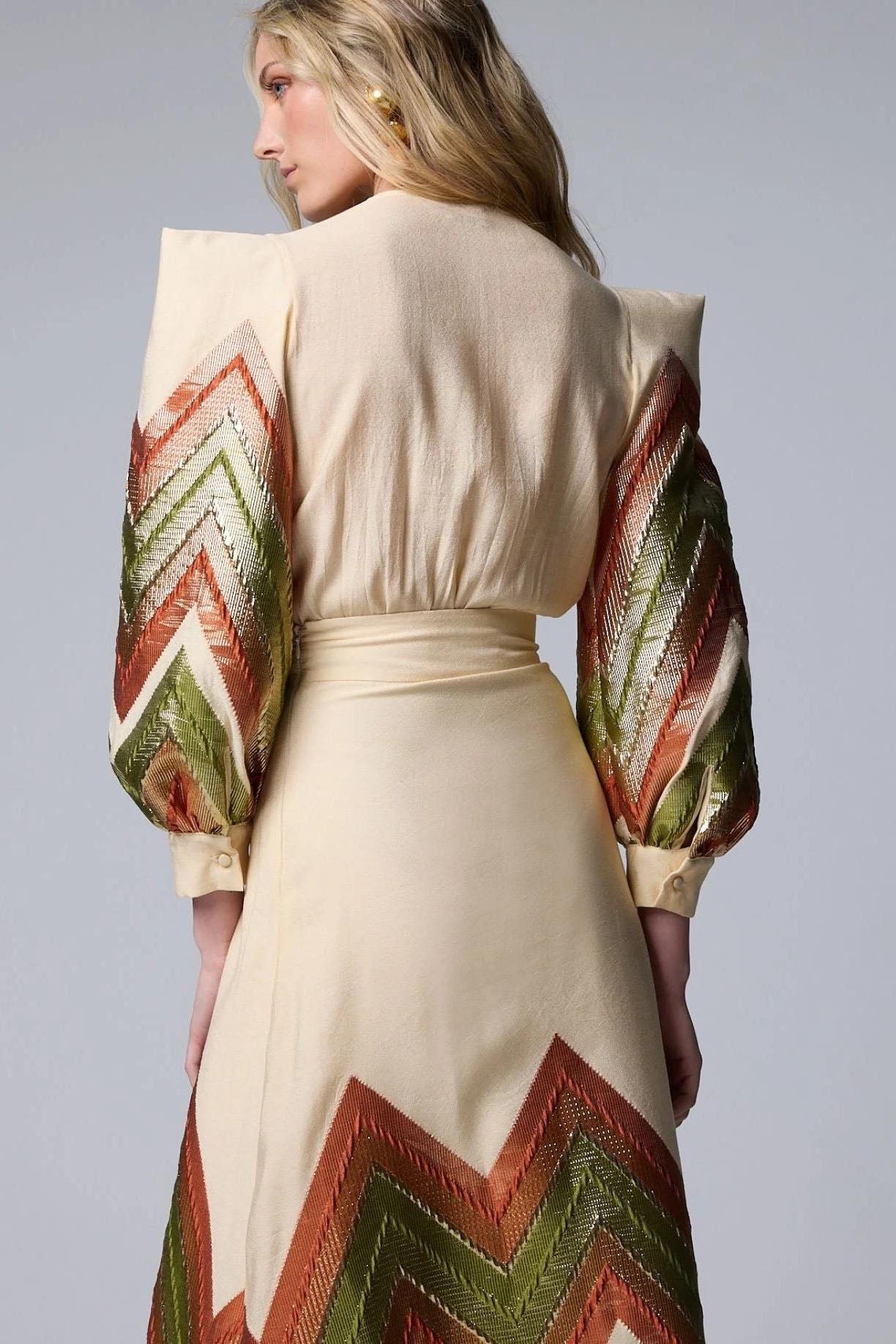 Puff Sleeves Bodysuit & Geometric Patterned Midi Skirt Set