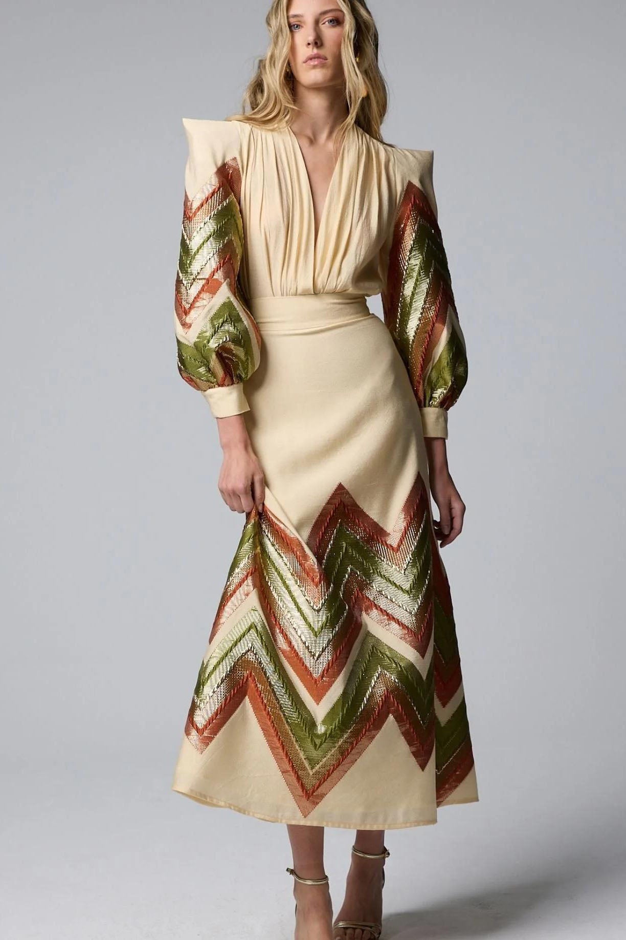 Puff Sleeves Bodysuit & Geometric Patterned Midi Skirt Set