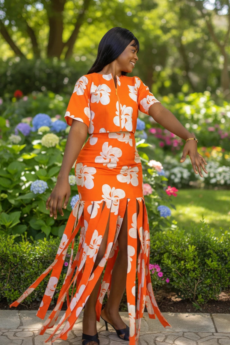 Tropical Bold Fringe Hem Skirt Set