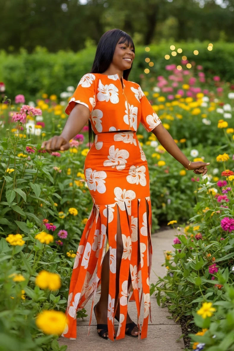 Tropical Bold Fringe Hem Skirt Set