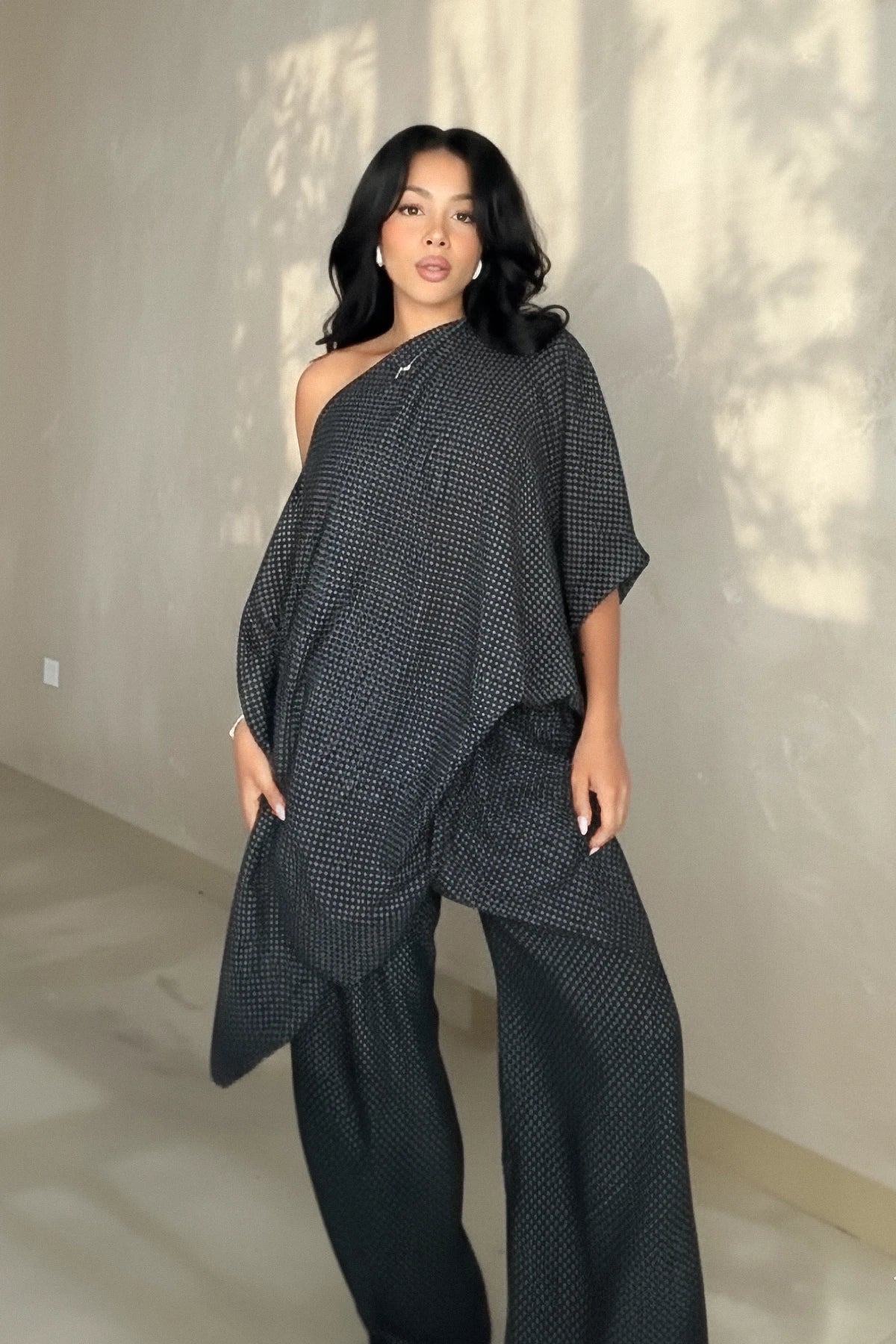 Black Silver Dot One-Shoulder Pants Set