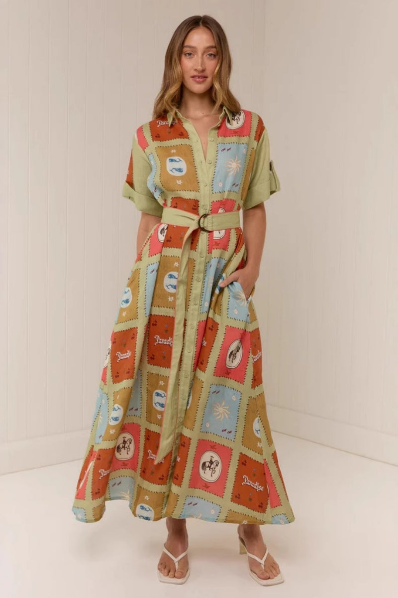 Shirt Collar Linen Long Dress