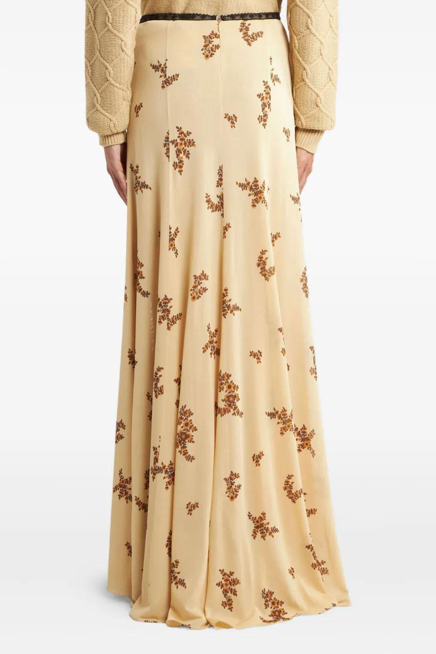 Floral Printed Ruffled Lace Trim Maxi Skirt