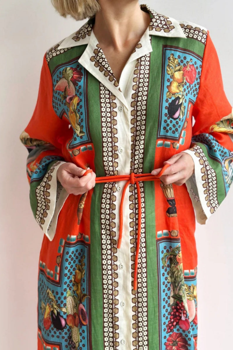 Long-Sleeve Linen Waist Dress