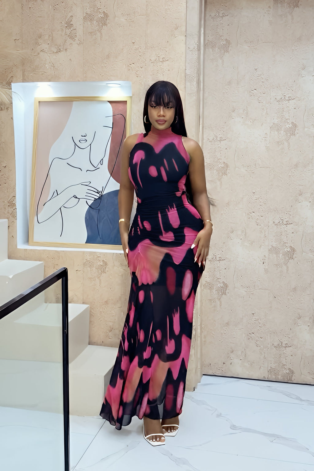 Abstract Ink Print Mesh Drama Maxi Dress Abstract Ink Print Mesh Drama Maxi Dress