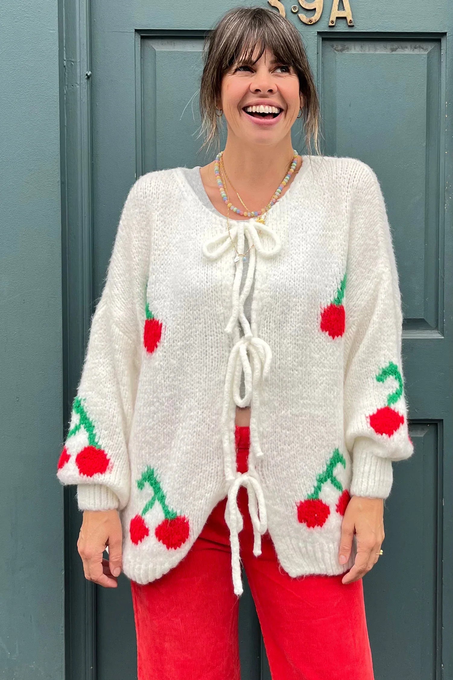 चेरी टाई मोहायर ब्लेंड कार्डिगन - क्रीम