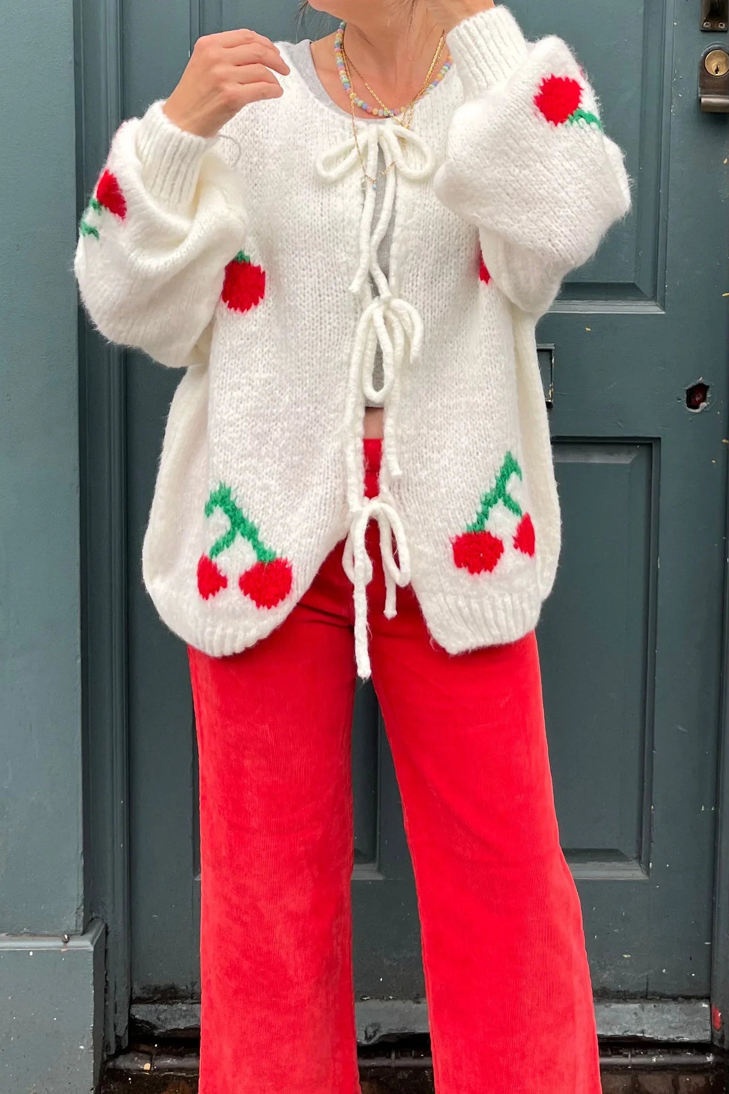 चेरी टाई मोहायर ब्लेंड कार्डिगन - क्रीम