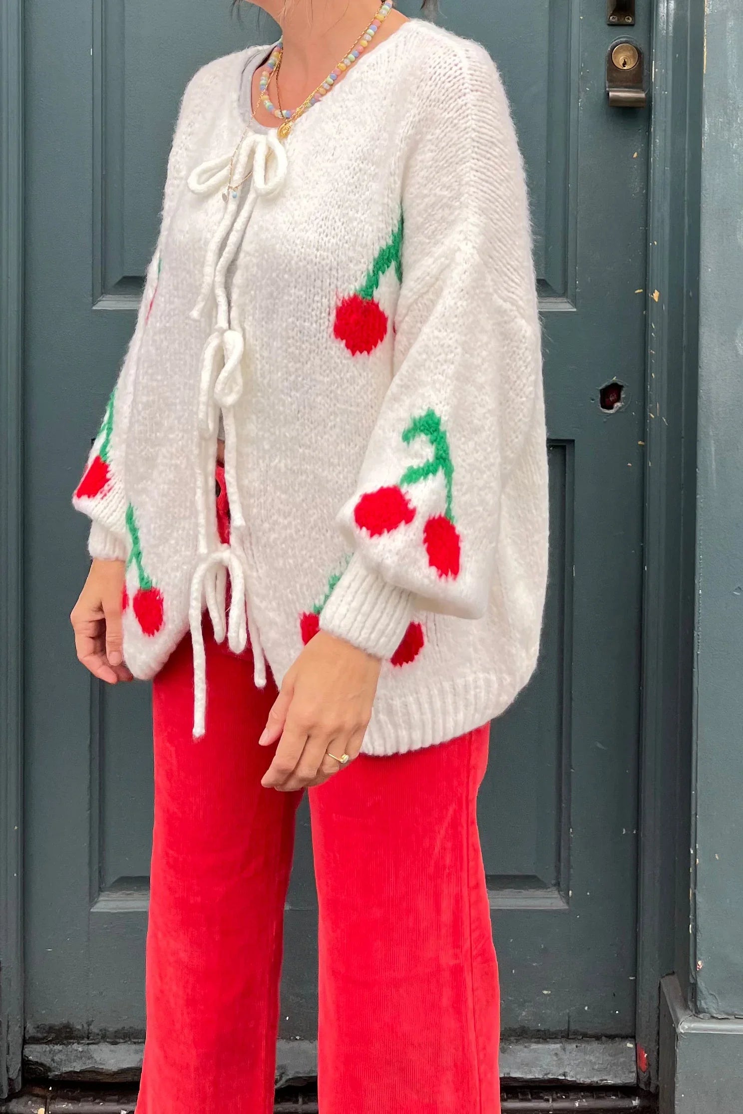 चेरी टाई मोहायर ब्लेंड कार्डिगन - क्रीम