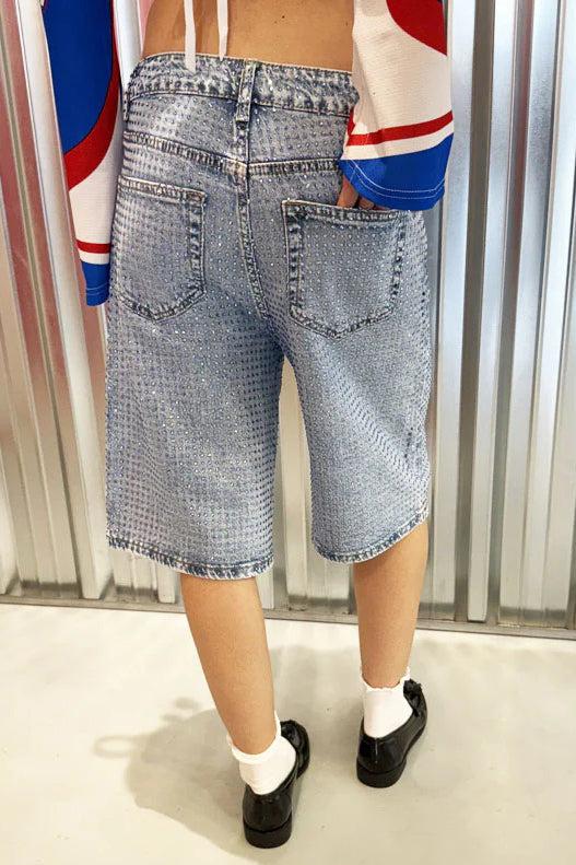 Pantaloni scurți sclipitori din denim albastru deschis