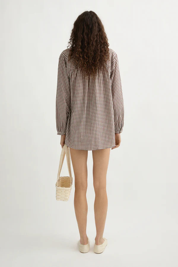 Gingham Shirt & White Midi Skirt Set(Free Belt)