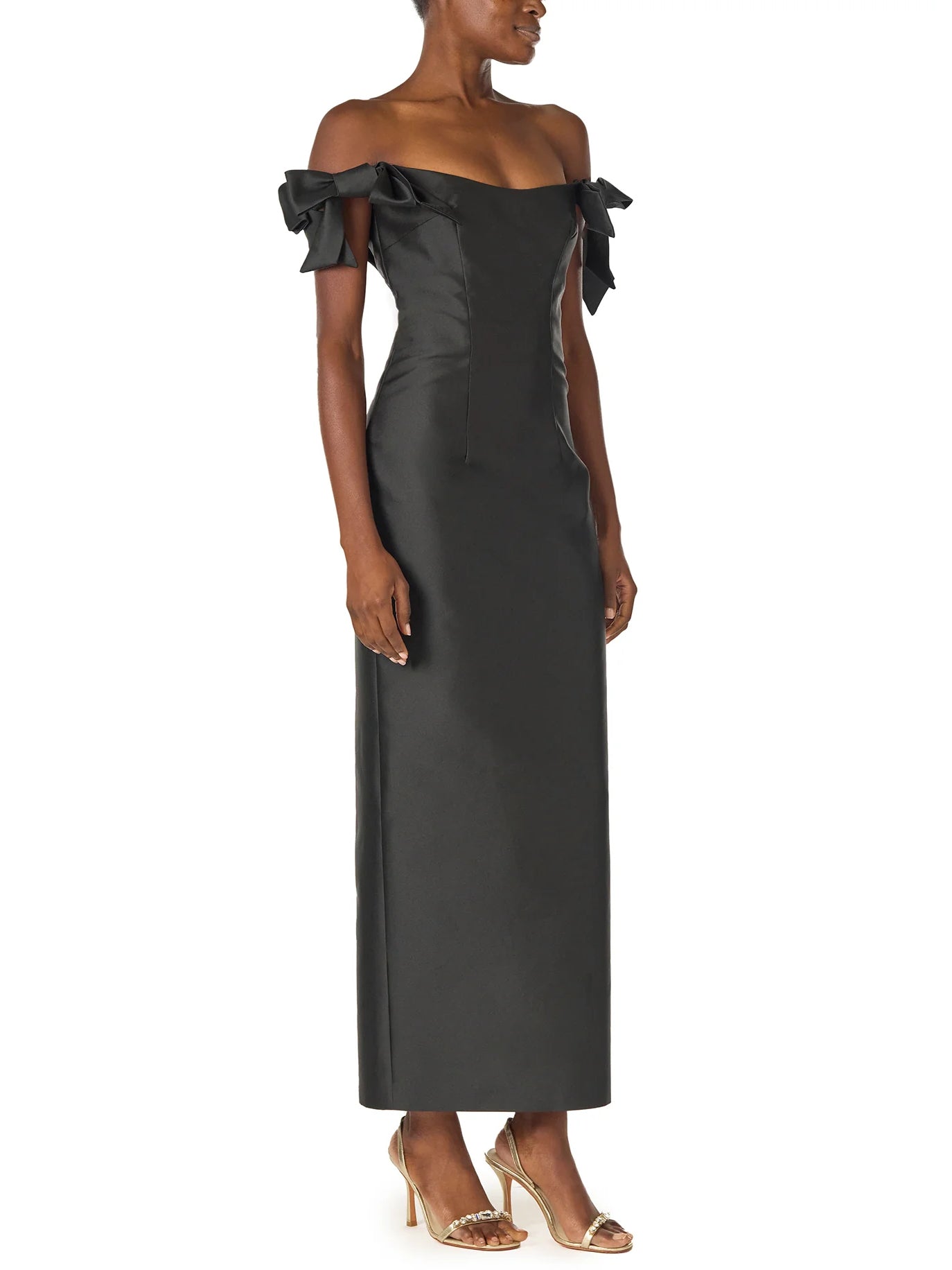 Omuzdan Düşük Fiyonk Kollu Kalem Midi Elbise