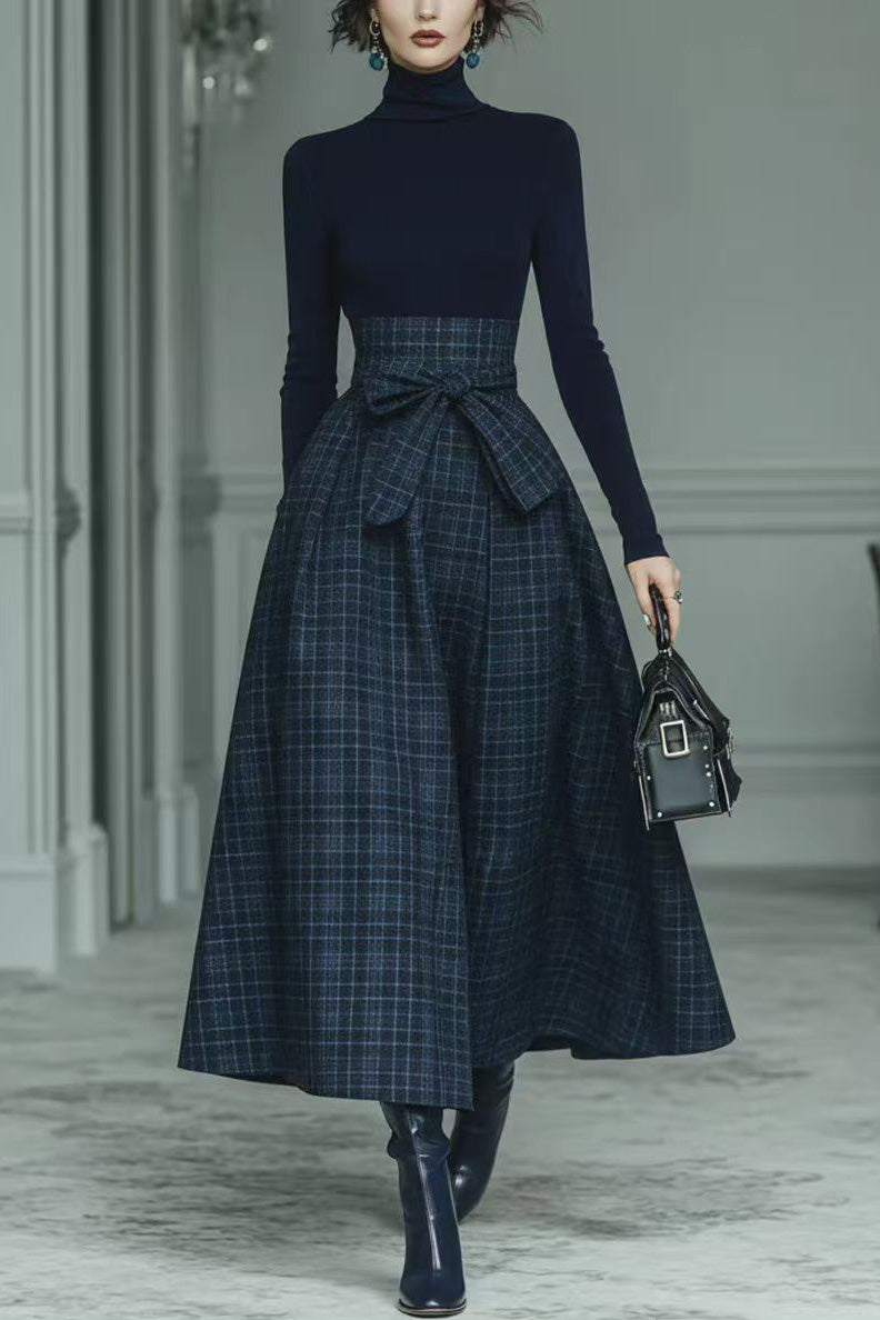 Dark Blue Turtleneck Stretch Top And Plaid Skirt Set