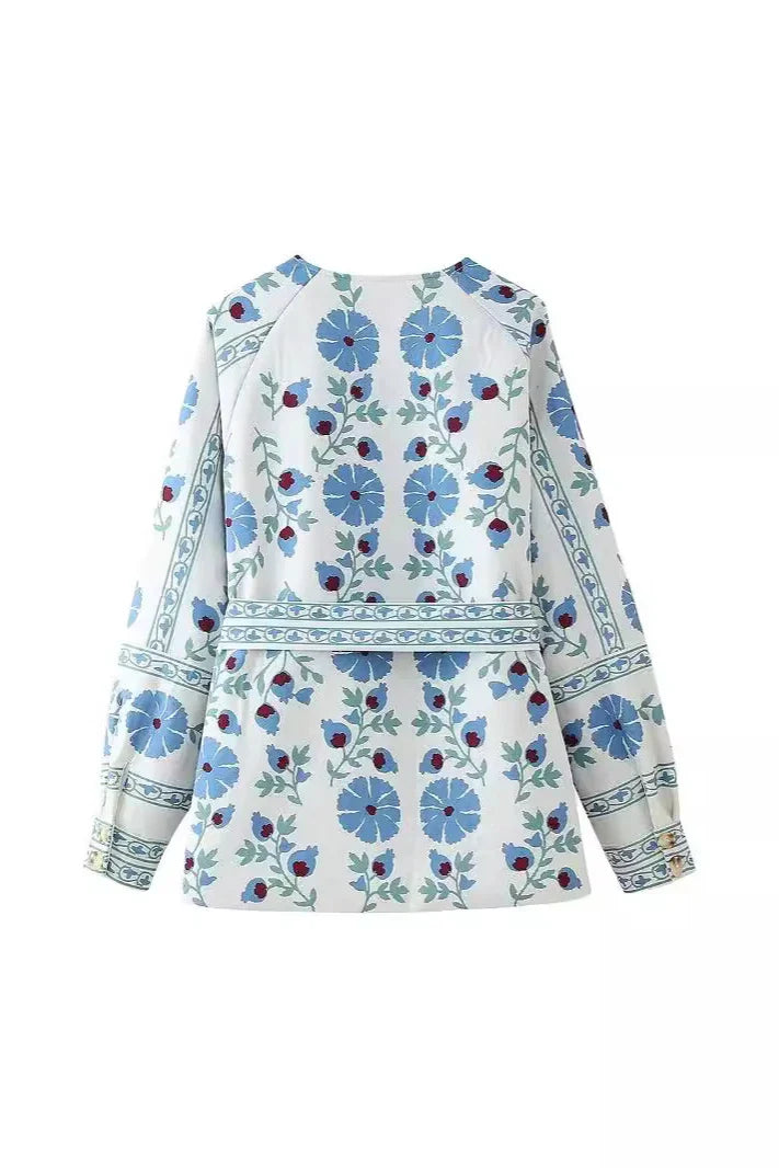 Gündelik Sokak Çiçekleri Bağcıklı Düğmeler Patchwork O Yaka Dış Giyim