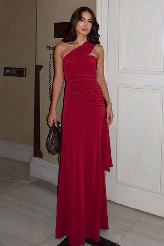 Dark Burgundy Draped Asymmetric Maxi Dress