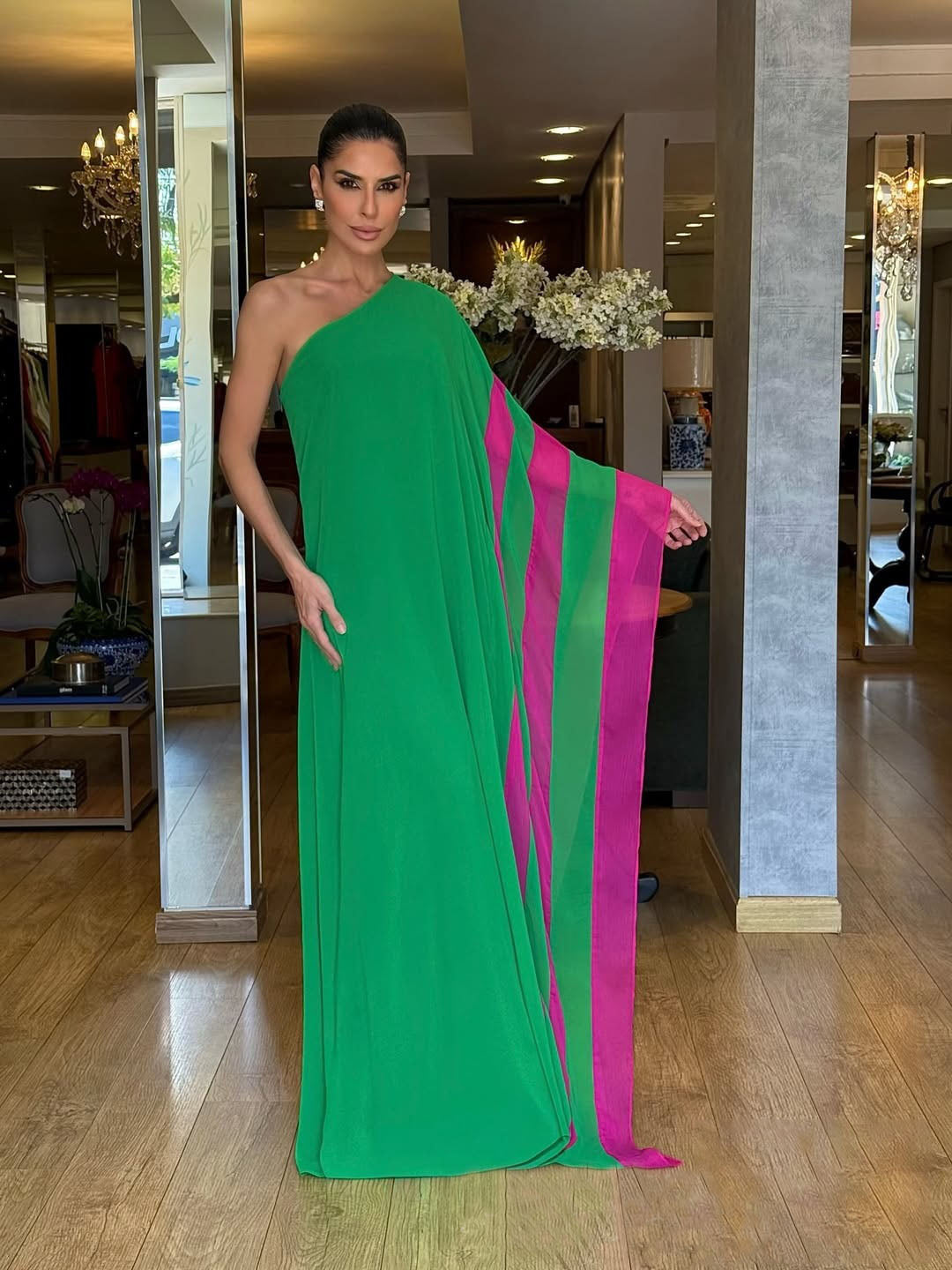 Emerald Green One-Shoulder Caftan Gown