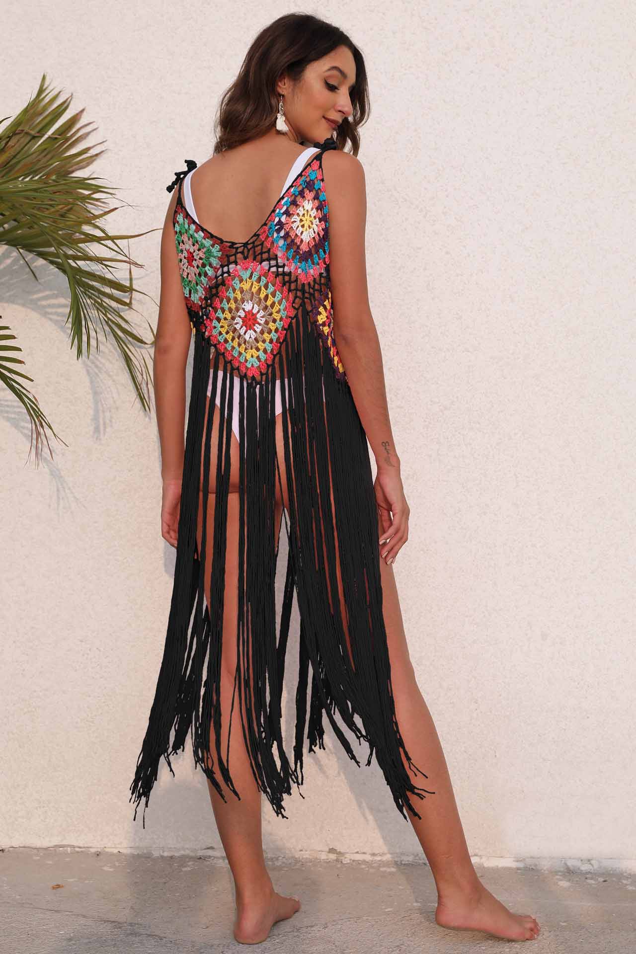 Top tricot din croșetat cu franjuri cu model pătrat curcubeu