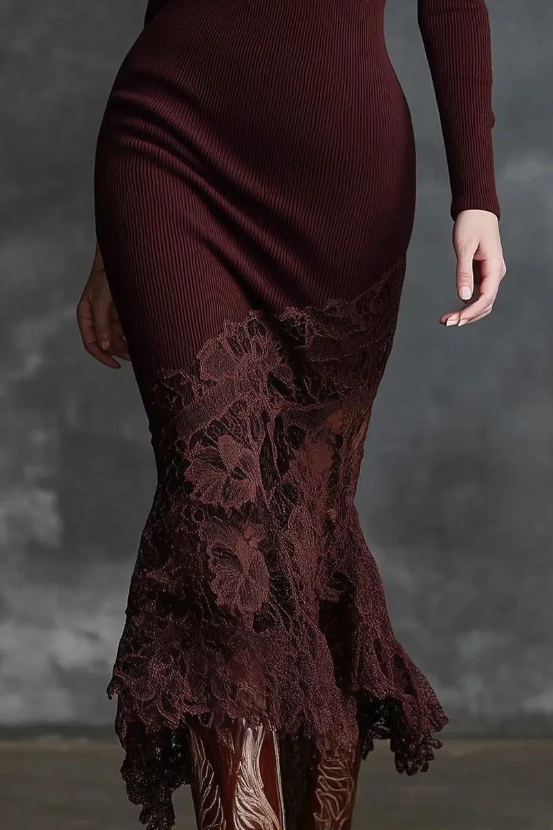 Elegant High-neck Lace Hem Burgundy Maxi Dress