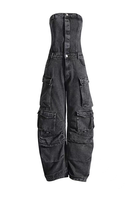 Salopetă din denim fără bretele, stil urban
