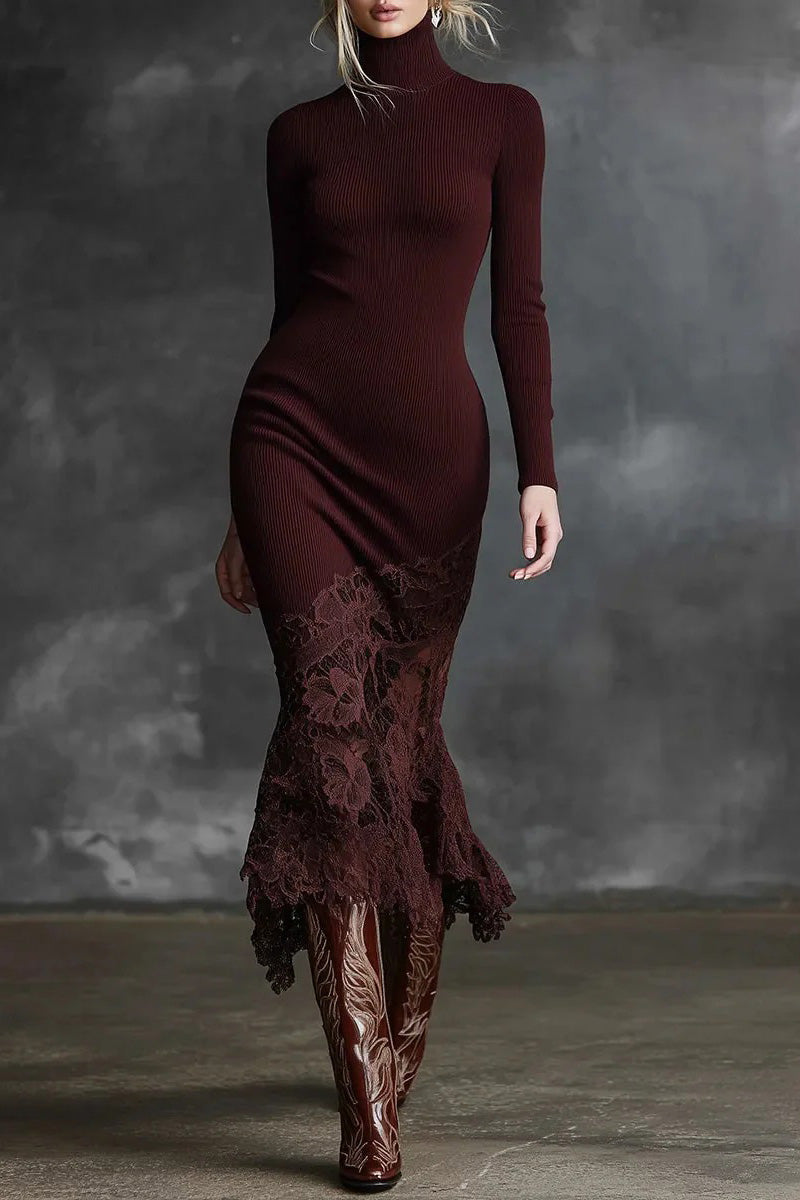 Elegant High-neck Lace Hem Burgundy Maxi Dress Elegant High-neck Lace Hem Burgundy Maxi Dress