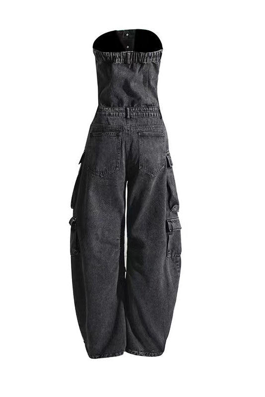 Salopetă din denim fără bretele, stil urban