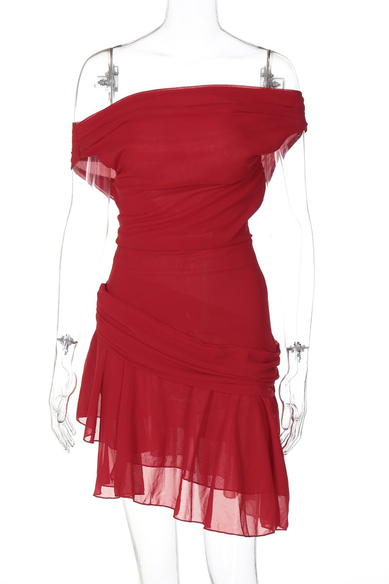 Mini rochie din șifon Marina cu un singur umăr