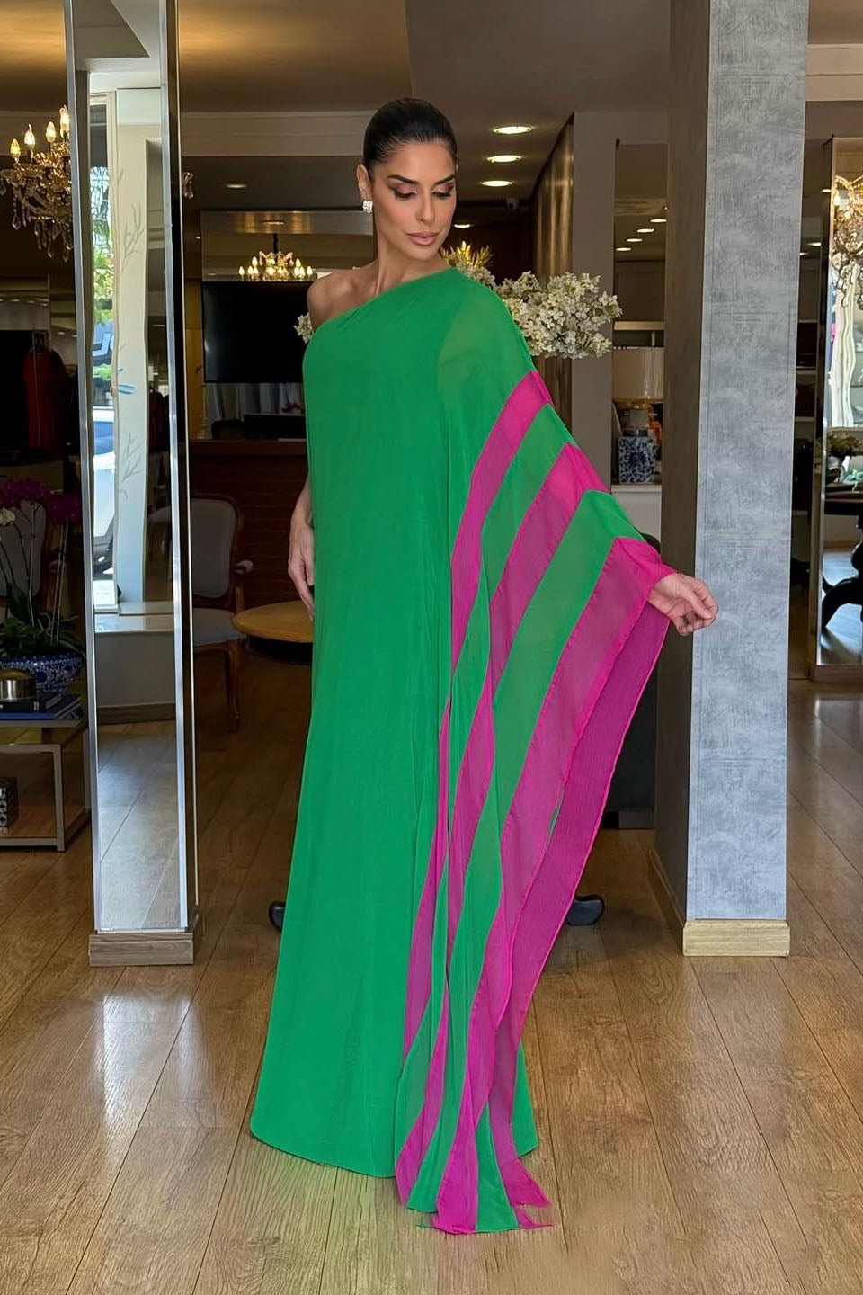 Emerald Green One-Shoulder Caftan Gown
