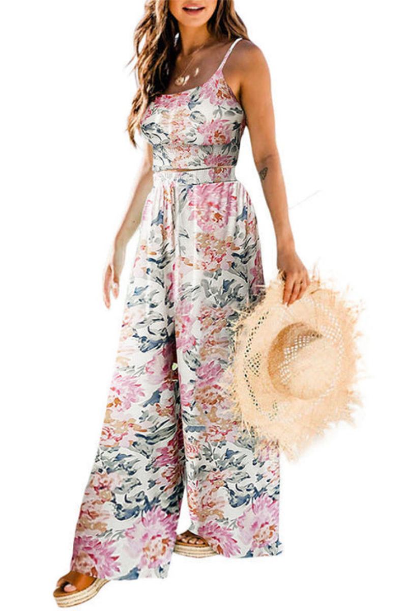 Boho kwiatowy dwuczęściowy zestaw spodni w turkusowym kolorze