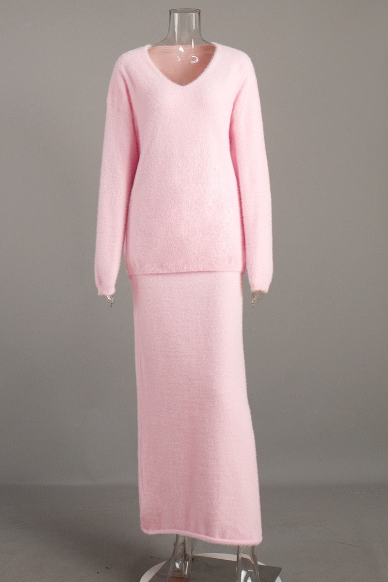 Pletená souprava Barbara s výstřihem do V s dlouhými rukávy