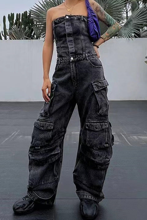 Salopetă din denim fără bretele, stil urban