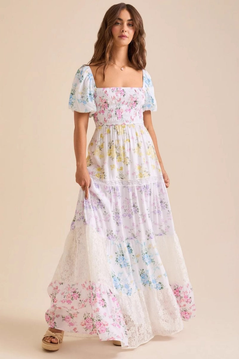Elegant Floral Print Short Sleeve A-Line Midi Dress