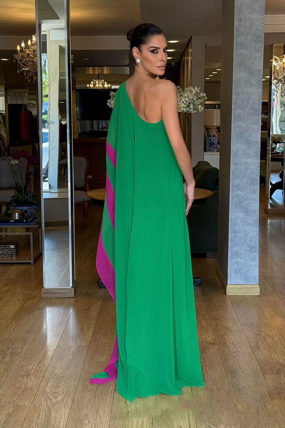 Emerald Green One-Shoulder Caftan Gown