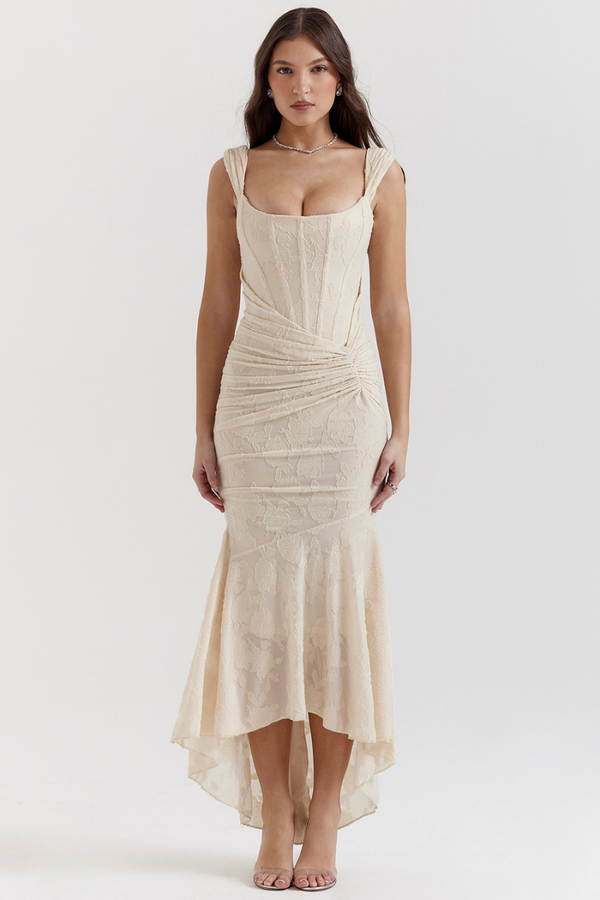 ruffle trim corset maxi dress Octavie Ruched Corset Maxi Dress In Beige